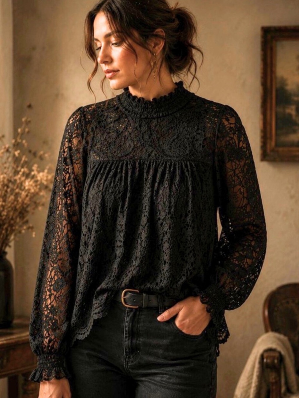 Cable & Gauge Cable & Gauge 2X Black Lace Mock Neck Blouse Lined Floral Top